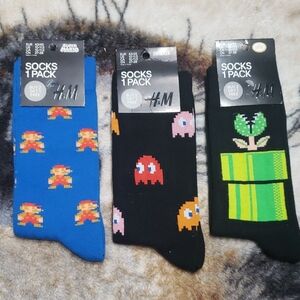 H&M Retro Gaming Themed Socks - Blue, Black, Green Super Mario Pacman 10-11.5